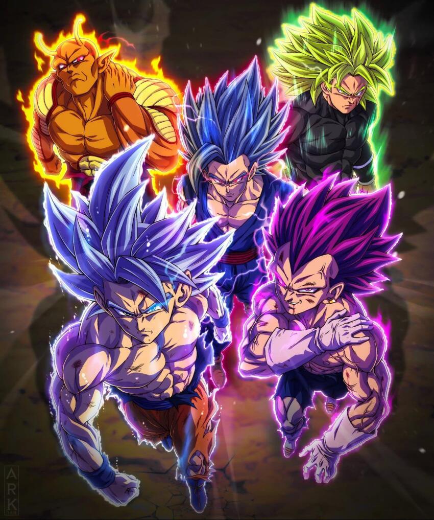5boys broly_(dragon_ball_super) dragon_ball dragon_ball_super highres male_focus multiple_boys piccolo son_gohan son_goku super_saiyan vegeta