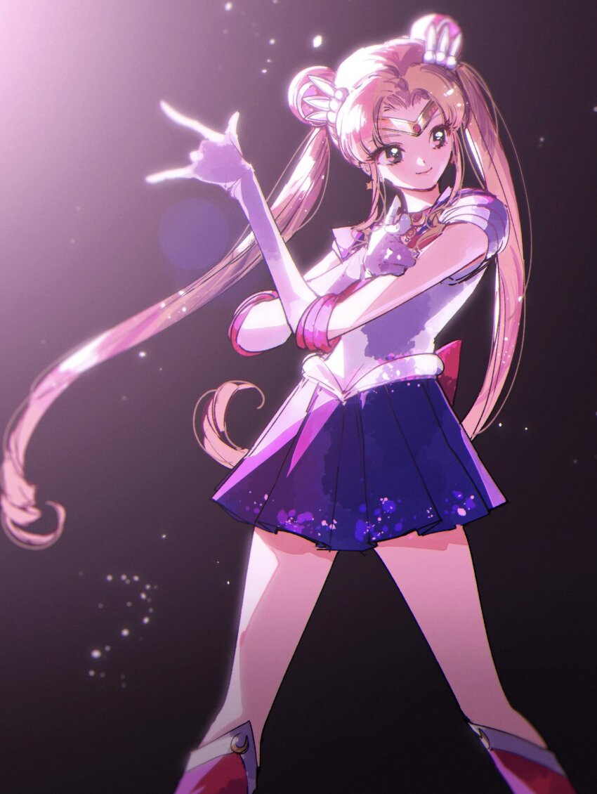 1girl bishoujo_senshi_sailor_moon blonde_hair blue_skirt circlet commentary_request cowboy_shot double_bun elbow_gloves gloves hair_bun highres looking_to_the_side magical_girl parted_bangs pochi_(askas_is_god) sailor_moon sailor_moon_pose sailor_senshi_uniform sidelighting skirt smile solo tsukino_usagi twintails white_gloves