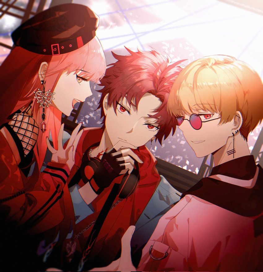 1girl 2boys beret black-framed_eyewear black_gloves black_headwear blonde_hair blue_jacket brown_eyes closed_mouth commentary_request drawstring ear_piercing earrings faulkner_anne gloves hand_up hat headphones headphones_around_neck highres hood hood_down hoodie jacket jewelry long_sleeves looking_at_viewer looking_to_the_side multiple_boys paradox_live parted_bangs piercing pink_hair pink_jacket profile puffy_long_sleeves puffy_sleeves red-framed_eyewear red_eyes red_hair red_hoodie red_jacket round_eyewear sugasano_allen sunglasses thick_eyebrows triangular1116 yeon_hajun