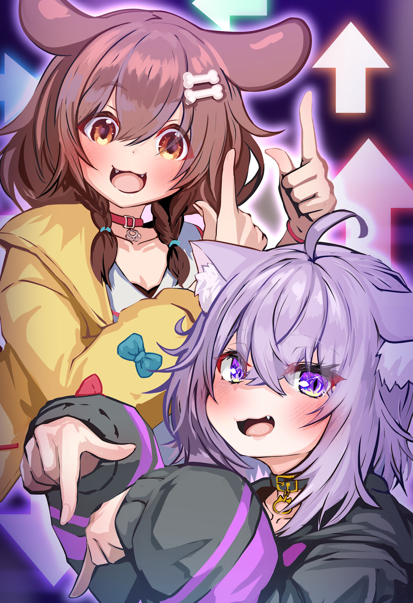2girls ahoge animal_collar animal_ear_fluff animal_ears arrow_(symbol) black_collar black_hoodie blue_bow bone_hair_ornament bow bracelet braid brown_eyes brown_hair cat_ears cat_girl collar commentary_request cropped_hoodie crossed_bangs dog_ears dog_girl dress fang fangs hair_between_eyes hair_ornament hairclip highres hololive hood hoodie inugami_korone inugami_korone_(1st_costume) jacket jewelry kajimakoto long_sleeves looking_at_viewer low_twin_braids multiple_girls nekomata_okayu nekomata_okayu_(1st_costume) open_clothes open_jacket open_mouth outer_glow pointing pointing_down pointing_up purple_eyes purple_hair red_bow red_collar short_dress short_hair sleeves_past_wrists slit_pupils smile tongue twin_braids upper_body virtual_youtuber white_dress yellow_jacket