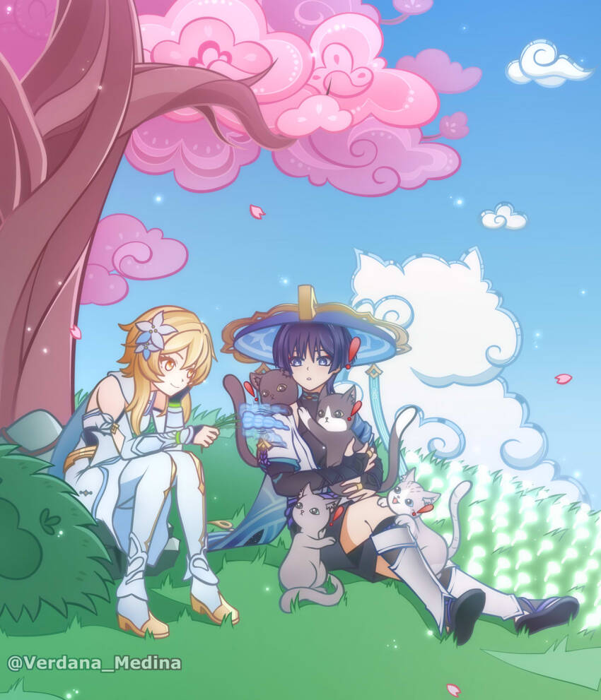 ! 1boy 1girl animal animal_on_shoulder arm_cutout arm_on_thigh armor belt black_belt black_bodysuit black_bridal_gauntlets black_cat black_corset black_leggings black_sandals black_shorts black_sleeves blonde_hair blue_flower blue_hat blue_sky blue_sleeves blunt_ends bodysuit bridal_gauntlets bright_pupils cat cat_on_shoulder cherry_blossoms cloud cloudy_sky corset dandelion detached_sleeves dress eyelashes eyeliner eyeshadow falling_petals flower genshin_impact gold gold_ring gold_shoes grass grey_cat hair_flower hair_ornament hand_on_own_face hat head_rest highres holding holding_animal holding_cat holding_plant japanese_armor jingasa kote kurokote layered_sleeves leg_warmers leggings looking_at_another lumine_(genshin_impact) makeup mandarin_collar middle_ring multicolored_flower open_mouth outdoors petals pink_petals plant purple_eyes purple_rope purple_sash red_eyeliner red_eyeshadow rope sandals sash scaramouche_(genshin_impact) scarf shoes short_hair short_hair_with_long_locks short_sleeves shorts shoulder_peek sidelocks sitting sky smile thighhighs tree twitter_username vambraces verdana_medina wanderer_(genshin_impact) white_cat white_dress white_flower white_leg_warmers white_pupils white_scarf white_sleeves white_thighhighs wispy_bangs yellow_eyes zouri