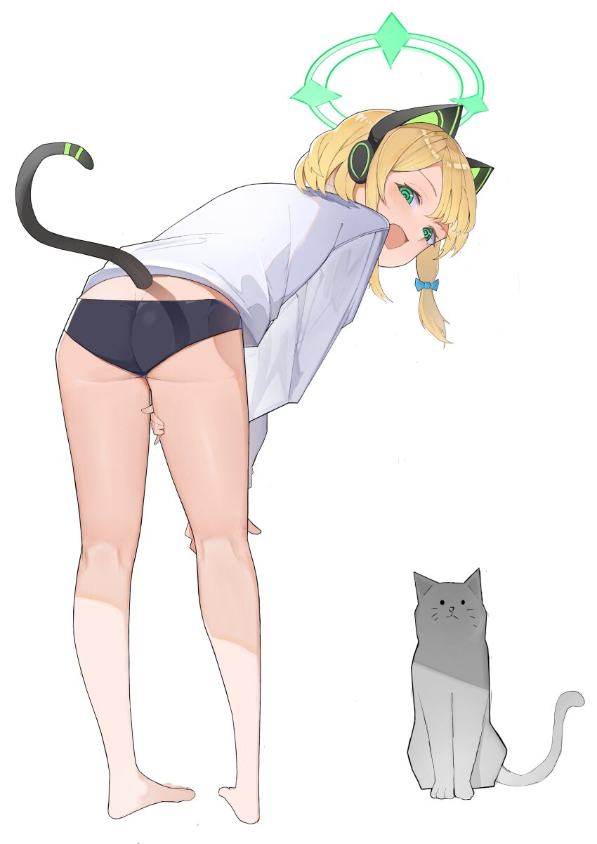 1girl @_@ absurdres animal_ear_headphones animal_ears ass barefoot black_bloomers black_buruma blonde_hair bloomers blue_archive blush buruma cat commentary_request djan fake_animal_ears green_eyes green_halo green_ribbon hair_ribbon halo headphones highres long_sleeves looking_at_viewer midori_(blue_archive) open_mouth ribbon shirt short_hair simple_background smile tail underwear white_background white_shirt