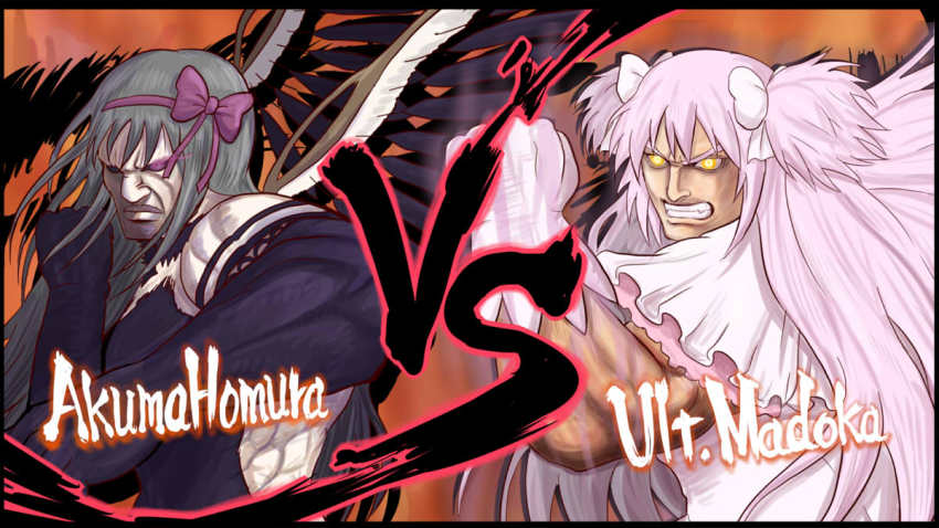 2girls akemi_homura akuma_(street_fighter) akuma_homura bare_shoulders black_border black_dress black_gloves black_hair border bow character_name clenched_teeth crossover dress elbow_gloves evil_ryu feathered_wings fighting_stance gloves glowing glowing_eyes hair_bow kaname_madoka long_hair magical_girl mahou_shoujo_madoka_magica mahou_shoujo_madoka_magica:_hangyaku_no_monogatari man_face multiple_girls muscular name_connection open_mouth parody pink_hair purple_eyes ribbon ryu_(street_fighter) serious short_twintails spoilers street_fighter street_fighter_iv_(series) style_parody teeth twintails two_side_up ultimate_madoka vs wings yellow_eyes