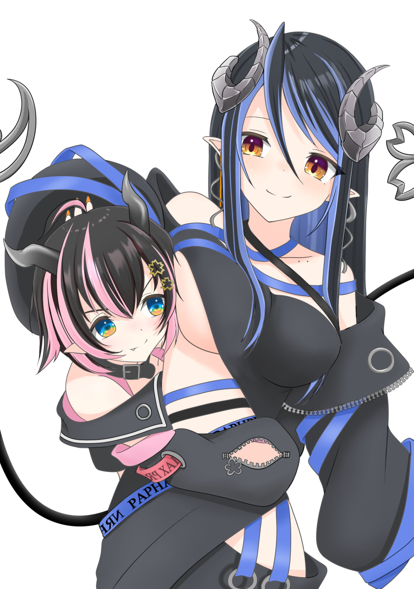 2girls absurdres ahoge bandeau belt belt_collar black_bandeau black_belt black_hair black_sleeves blush breasts brown_eyes closed_mouth collar commentary_request cuore_0624 curled_horns demon_girl demon_horns demon_tail detached_sleeves earrings fang fang_out grey_horns hebiyoi_tier hebiyoi_tier_(1st_costume) highres horns hug hug_from_behind jewelry large_breasts long_hair multicolored_hair multiple_girls nanashi_inc. off_shoulder oinomori_may oinomori_may_(1st_costume) pink_hair pointy_ears sidelocks simple_background smile snake_bite sugar_lyric tail two-tone_hair upper_body virtual_youtuber white_background zipper