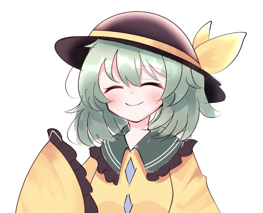 1girl black_hat blouse blush buttons closed_eyes closed_mouth collared_shirt commentary_request diamond_button frilled_shirt_collar frilled_sleeves frills green_hair hat hat_ribbon highres komeiji_koishi long_sleeves medium_hair ribbon shirt simple_background sleeves_past_fingers sleeves_past_wrists smile solo touhou upper_body waroemon wavy_hair white_background wide_sleeves yellow_ribbon yellow_shirt