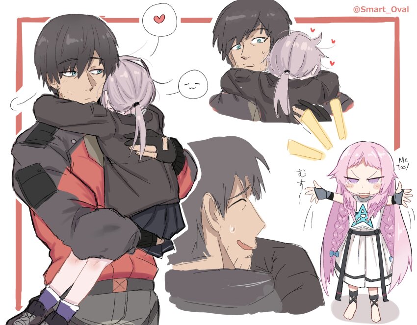 1boy 2girls aqua_eyes artist_name barefoot black_gloves black_hair black_jacket black_pants black_skirt blue_bow bow braid brown_footwear brown_jacket closed_eyes closed_mouth commander_(girls&#039;_frontline) commentary dress english_commentary english_text envy fingerless_gloves girls&#039;_frontline girls&#039;_frontline_2:_exilium gloves grey_gloves grey_hair hair_bow heart helena_(girls&#039;_frontline_2) highres hug jacket long_hair looking_at_another m200_(girls&#039;_frontline) multicolored_jacket multiple_girls multiple_views open_mouth pants partially_fingerless_gloves pink_hair pleated_skirt purple_eyes purple_socks red_jacket short_hair simple_background skirt smart_oval socks speech_bubble spoken_expression spoken_heart star_(symbol) sweatdrop twin_braids twitter_username two-tone_jacket white_background white_dress wing-shaped_hair