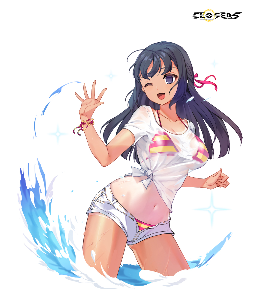 1girl ;d alternate_hair_color bikini bikini_under_clothes bikini_under_shorts black_hair breasts closers copyright_name cowboy_shot hair_ribbon hands_up highres large_breasts levia_(closers) logo long_hair looking_to_the_side multicolored_bikini multicolored_ribbon navel no_pupils official_art one-piece_tan one_eye_closed open_mouth purple_eyes red_bikini red_ribbon ribbon see-through_clothes see-through_shirt shirt short_shorts short_sleeves shorts smile solo sparkle splashing stomach string_bikini striped_bikini striped_clothes swimsuit t-shirt tan tanline tied_shirt variant_set wading water wet wet_clothes wet_shirt white_background white_shirt white_shorts wrist_ribbon yellow_bikini yellow_ribbon