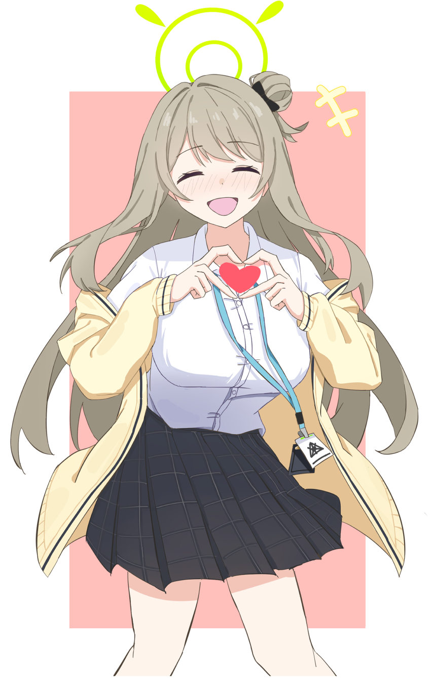 +++ 1girl four-finger_heart_hands :d ^_^ absurdres abydos_high_school_logo black_bow black_skirt blue_archive blush bow breasts brown_hair cardigan cardigan_partially_removed closed_eyes commentary doumu_(31678316) facing_viewer feet_out_of_frame green_halo hair_bow halo hands_up happy heart heart_hands heart_in_heart_hands highres id_card large_breasts long_hair long_sleeves miniskirt nonomi_(blue_archive) one_side_up open_cardigan open_clothes open_mouth pink_background plaid_clothes plaid_skirt pleated_skirt school_uniform shirt simple_background skirt smile solo standing swept_bangs two-tone_background very_long_hair white_background white_shirt yellow_cardigan