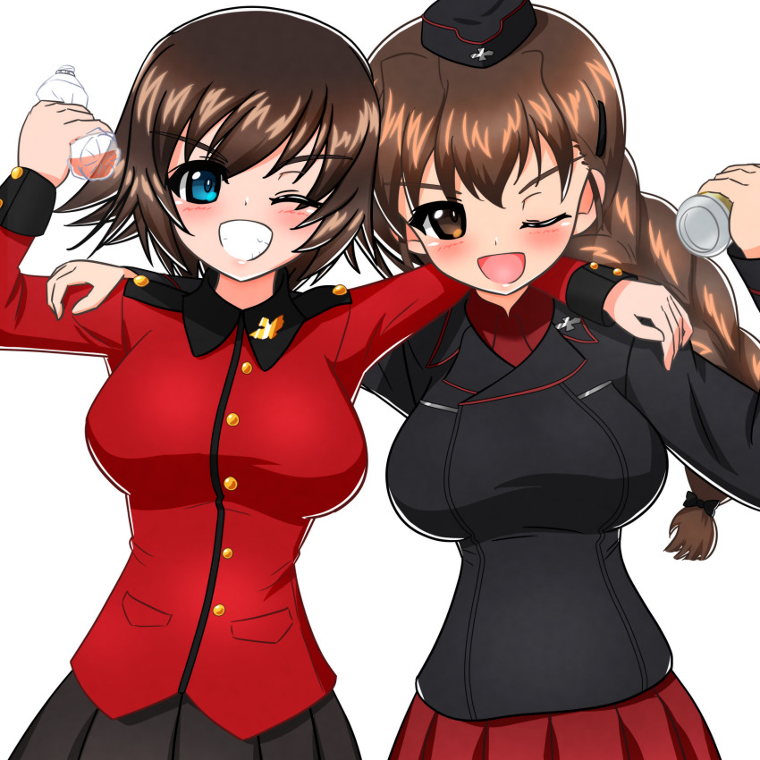 2girls alternate_costume arm_around_shoulder beer_can black_hat black_jacket black_ribbon black_skirt blue_eyes blush bottle braid braided_ponytail breasts brown_eyes brown_hair can cosplay costume_switch crushed drink_can earlobe1514366 garrison_cap girls_und_panzer hair_ribbon hat hida_ema highres holding holding_bottle holding_can jacket kuromorimine_military_uniform large_breasts long_braid long_hair military_hat multiple_girls one_eye_closed open_mouth plastic_bottle pointy_hair red_jacket red_skirt ribbon rukuriri_(girls_und_panzer) short_hair skirt smile st._gloriana&#039;s_military_uniform tea teeth upper_body