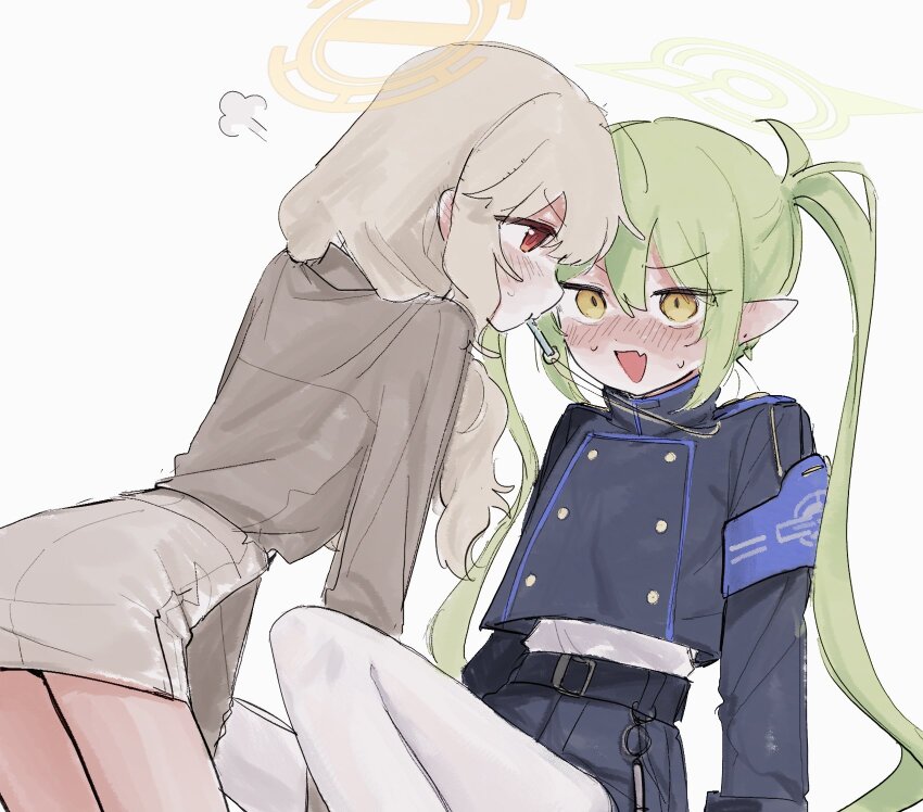 2girls 303xymm alternate_costume aoba_(blue_archive) armband belt belt_buckle black_belt black_jacket black_shorts blonde_hair blue_archive blue_armband blush brown_shirt buckle buttons casual commentary double-breasted earrings embarrassed eye_contact face-to-face fang glaring green_hair hair_between_eyes halo high-waist_skirt highres jacket jewelry leaning_back leaning_forward long_hair long_sleeves looking_at_another microskirt multiple_girls nervous_sweating nose_blush nozomi_(blue_archive) open_mouth panties pencil_skirt pointy_ears pout profile puff_of_air red_eyes shirt short_shorts shorts simple_background sitting skin_fang skirt spread_legs sweat twintails underwear v-shaped_eyebrows white_background white_panties white_skirt yellow_eyes yellow_halo yuri