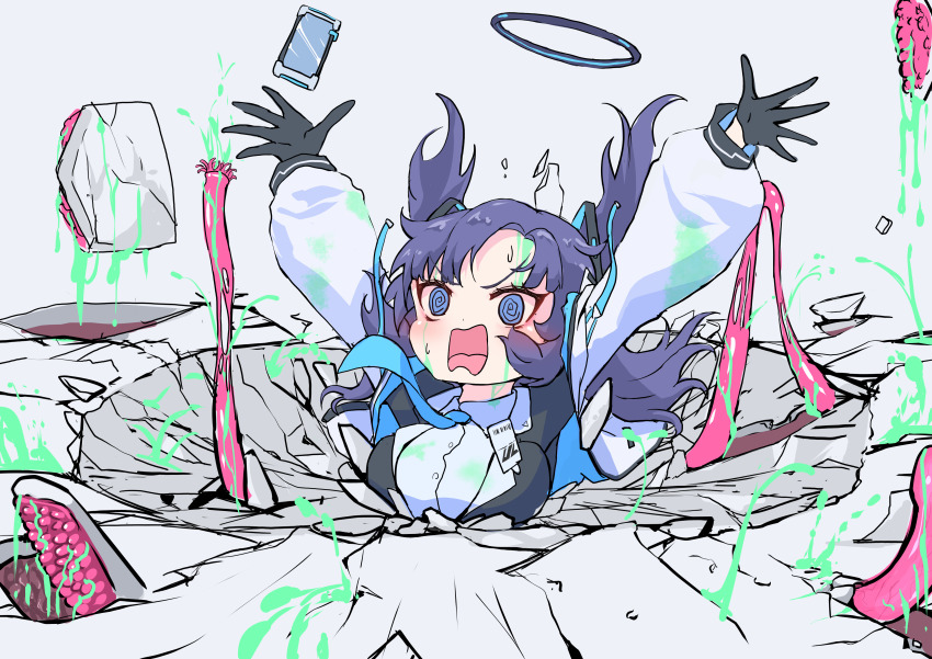 @_@ absurdres arms_up black_gloves blue_archive blue_eyes blue_necktie blush broken_ground cellphone commentary_request coo_(bkkm3910) gloves halo highres id_card implied_tentacle_sex jacket kankaku_shadan long_sleeves necktie open_clothes open_jacket open_mouth orgasm parted_bangs phone pitfall puffy_long_sleeves puffy_sleeves purple_hair slime_(substance) stuck sweat tentacles through_ground two_side_up wavy_mouth yuuka_(blue_archive)