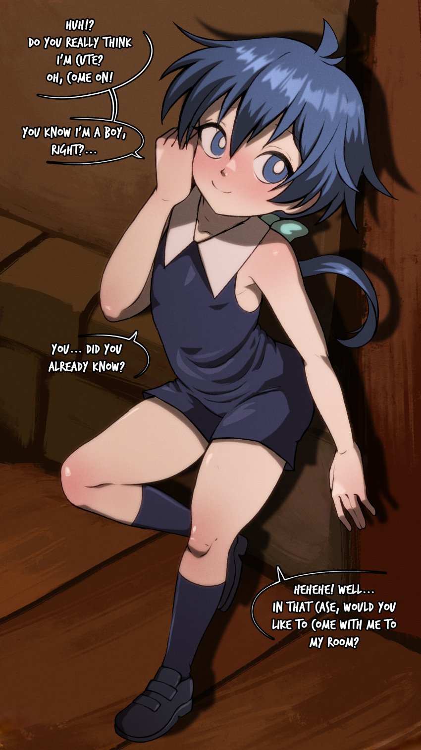 1boy absurdres against_wall age_difference arm_support bare_shoulders black_dress black_shoes black_socks blue_eyes blue_hair blush closed_mouth commentary crossdressing crossdressing_(mtf) dress duplicate english_text g_reaper hair_ribbon highres kneehighs legs lloyd_de_saloum long_hair looking_at_viewer male_focus paid_reward_available ponytail ribbon shoes shota sleeveless sleeveless_dress smile socks solo speech_bubble standing tensei_shitara_dai_nana_oji_datta_no_de:_kimama_ni_majutsu_o_kiwamemasu thighs toes trap yaoi