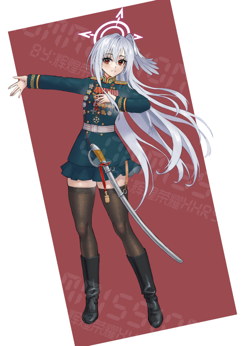 1girl absurdres black_boots blue_archive blue_jacket blue_skirt boots breasts brown_background brown_thighhighs commentary_request feathered_wings frilled_skirt frills full_body grey_hair grey_wings halo head_wings highres huihuang_rongyao jacket long_hair long_sleeves medal military_uniform outstretched_arm saber_(weapon) sheath sheathed shoulder_boards single_head_wing skirt small_breasts solo soviet soviet_army standing suzumi_(blue_archive) sword thighhighs thighhighs_under_boots two-tone_background very_long_hair watermark weapon white_background wings