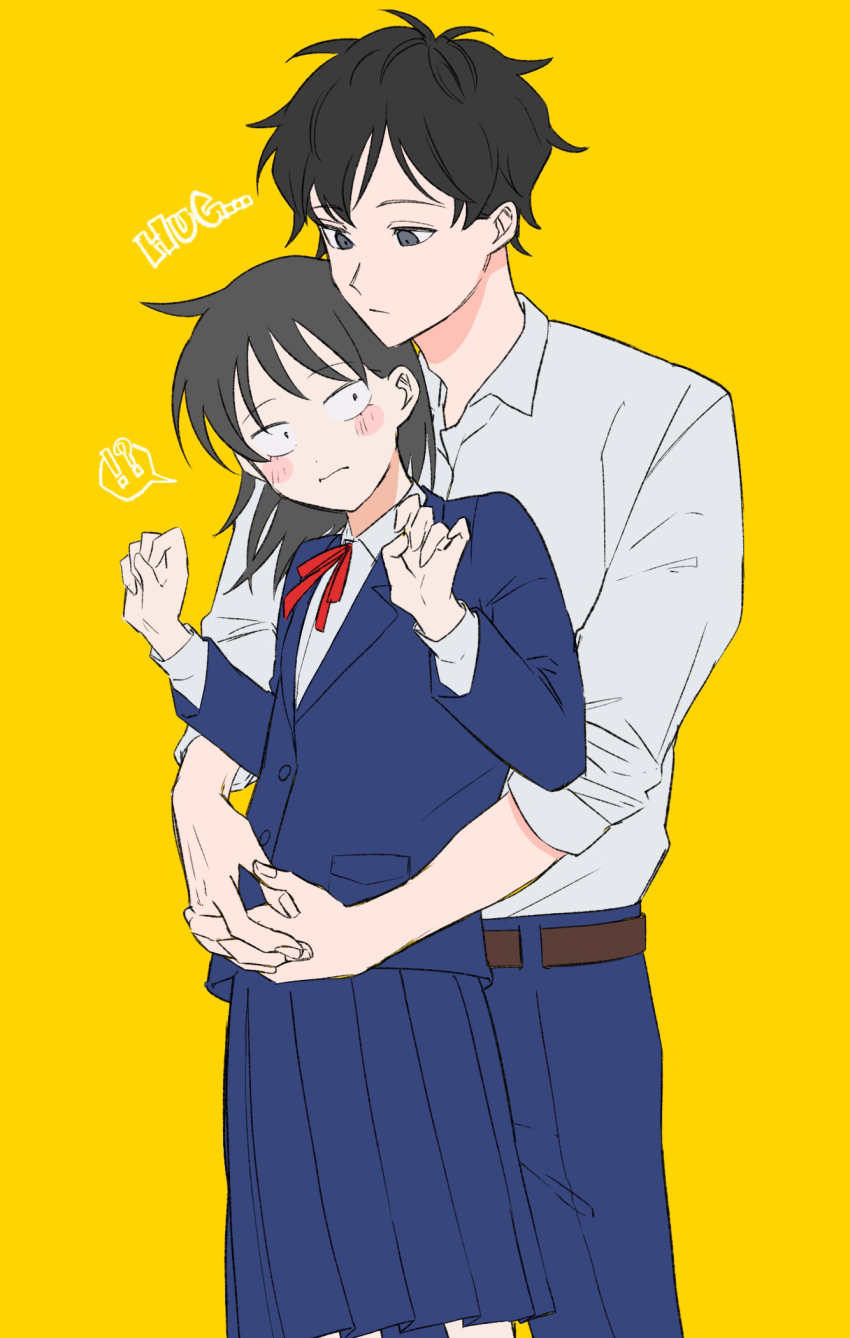 !? 1boy 1girl :| belt black_eyes black_hair blazer blue_jacket blue_pants blue_skirt blush brown_belt closed_mouth collared_shirt commentary cowboy_shot dress_shirt english_text front-to-back futsuu_no_keion-bu grey_eyes hands_up hatono_chihiro heads_together height_difference hetero highres hug hug_from_behind ikihaji jacket lapels long_sleeves mizuo_haruichi neck_ribbon notched_lapels pants pleated_skirt red_ribbon ribbon school_uniform shirt shirt_tucked_in simple_background skirt standing surprised white_shirt wing_collar winter_uniform yellow_background