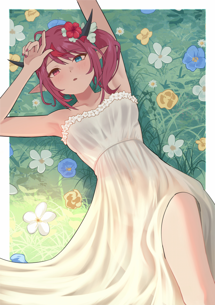 1girl absurdres alternate_costume armpits arms_up blue_eyes blush border breasts collarbone commentary dress earrings flower hair_flower hair_ornament hand_on_own_head heterochromia highres hololive hololive_english horns irys_(hololive) irys_(irys_2.0)_(hololive) jewelry long_dress looking_at_viewer lying on_back on_grass outside_border parted_lips pointy_ears red_eyes red_hair red_nails shift_(shiftillust) side_ponytail sidelocks sleeveless sleeveless_dress solo sundress swept_bangs virtual_youtuber white_border white_dress