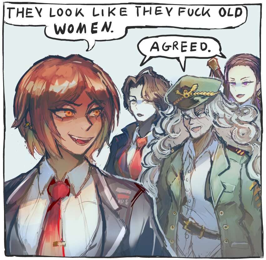 4girls absurdres ahab_(project_moon) black_coat blonde_hair brown_hair coat collared_shirt english_text hermann_(project_moon) highres kekekekekekekk library_of_ruina limbus_company looking_at_another meme multiple_girls necktie outis_(project_moon) project_moon she_looks_like_she_fucks_human_men_(meme) shirt speech_bubble white_shirt