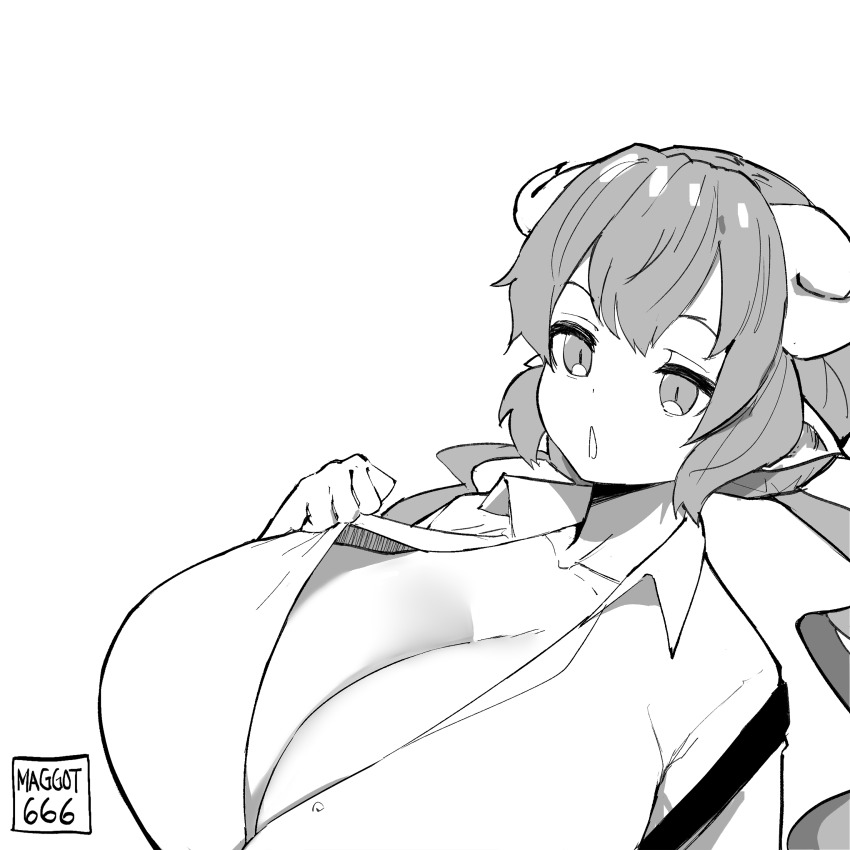 1girl absurdres apron breasts cleavage cleavage_reach collared_shirt cropped detexted downblouse dragon_girl dragon_horns employee_uniform from_above greyscale grin highres horns huge_breasts ilulu_(maidragon) kobayashi-san_chi_no_maidragon long_hair looking_at_viewer monochrome negative_space norman_maggot pointy_ears pov shirt shortstack sidelocks signature sketch slit_pupils smile teasing third-party_edit