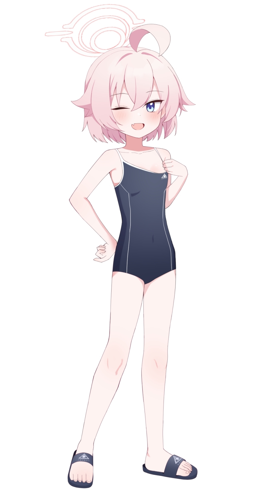 1girl ;d ??_(user_cytk7578) abydos_high_school_logo abydos_high_school_swimsuit ahoge bare_arms bare_legs bare_shoulders black_one-piece_swimsuit black_sandals blue_archive blue_eyes blush bob_cut commentary competition_school_swimsuit covered_navel double-parted_bangs fang flat_chest full_body hair_between_eyes hair_flaps halo hand_on_own_hip hand_up highres hoshino_(blue_archive) hoshino_(first_year)_(blue_archive) huge_ahoge loli looking_at_viewer one-piece_swimsuit one_eye_closed open_mouth pink_hair pink_halo sandals school_emblem school_swimsuit short_hair simple_background skin_fang slides smile solo standing strap_pull swimsuit symbol-only_commentary tachi-e toenails toes white_background