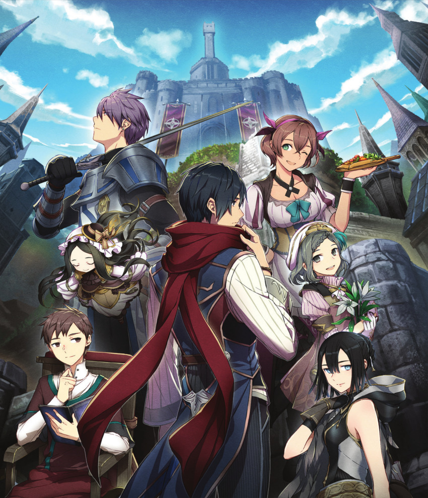 3boys 4girls :d ;d absurdres adjusting_scarf adol_christin anemona_rijndael aprilis_(ys) armor bare_arms beret black_eyes black_hair blue_eyes blue_sky bonnet book braid braided_bangs breasts brown_eyes brown_hair castle center-flap_bangs chair cleavage closed_eyes cloud coat corset credo_aiblinger cross_tie cuirass dress flag flower food framed_breasts from_behind gloves green_eyes grey_eyes grey_hair hair_between_eyes hair_bun hair_ribbon hand_on_own_hip hand_on_own_neck hat highres holding holding_book holding_flower holding_food holding_sword holding_weapon hood hoodie jules_noah krysha_pendleton long_dress long_hair long_sleeves looking_to_the_side looking_up mini_hat multiple_boys multiple_girls nakbe official_art on_chair one_eye_closed open_mouth over_shoulder pants pauldrons purple_hair red_scarf ribbon scarf shirt short_hair shoulder_armor sitting sky sleeveless sleeveless_coat sleeveless_hoodie smile stuffed_toy sword third-party_source turtleneck turtleneck_shirt vambraces weapon weapon_over_shoulder white_shirt wrist_cuffs ys ys_ix:_monstrum_nox yufa_gamberg