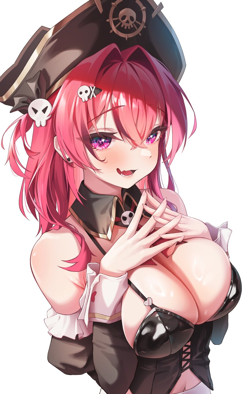 1girl absurdres bikini black_corset breasts cleavage commentary corset detached_sleeves fang firanstill1 goddess_of_victory:_nikke hair_ornament hat highres large_breasts long_hair maid maid_bikini mast_(nikke) mast_(romantic_maid)_(nikke) midriff navel official_alternate_costume own_hands_together pink_eyes pink_hair pirate_hat skin_fang skull_hair_ornament solo swimsuit symbol-only_commentary unconventional_maid upper_body