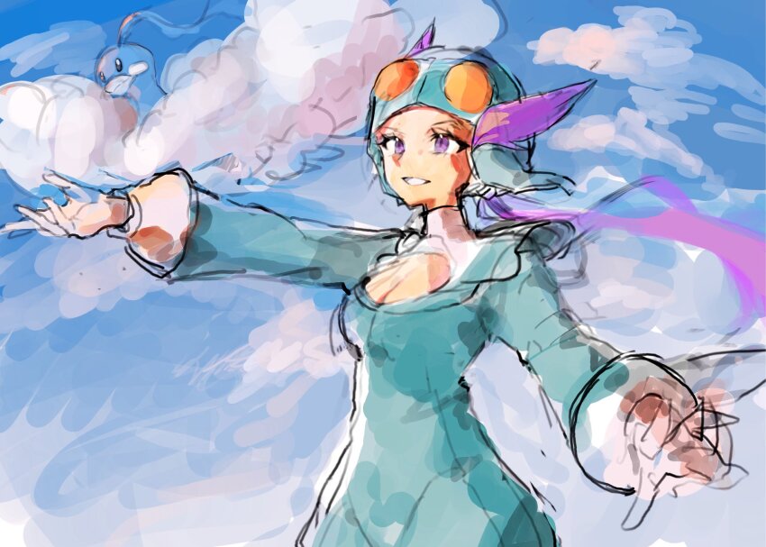1girl altaria blue_helmet blue_sky breasts cleavage cloud day floating_hair fukuzawa_(huku486) gen_3_pokemon helmet highres long_hair long_sleeves medium_breasts nintendo outdoors pilot_helmet pokemon pokemon_(creature) pokemon_oras ponytail purple_eyes purple_hair sky smile winona_(pokemon)
