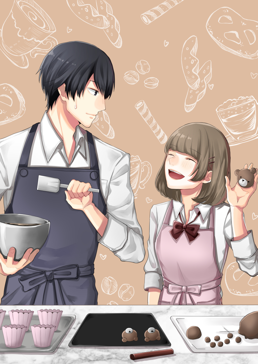 1boy 1girl :d ^_^ absurdres apron black_eyes black_hair blue_apron bow bowl bowtie brown_background brown_hair chocolate closed_eyes coffee_beans collared_shirt commentary_request cup dessert food height_difference highres holding holding_bowl kuroyuki_0713 looking_at_another medium_hair open_mouth original pink_apron pretzel profile purple_bow purple_bowtie saucer shirt short_hair smile sweets teeth tongue tray upper_teeth_only white_shirt