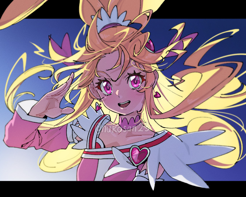 1girl :d aida_mana blonde_hair choker cure_heart detached_sleeves dokidoki!_precure earrings hair_ornament heart heart_earrings heart_hair_ornament highres jewelry letterboxed long_hair magical_girl nukosann open_mouth outside_border pink_choker pink_eyes pink_sleeves ponytail precure smile solo teeth twitter_username upper_body upper_teeth_only