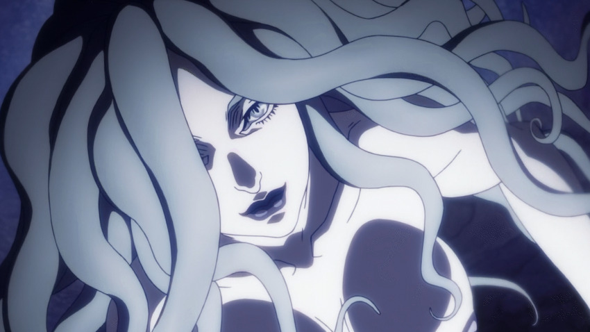 1girl animated animated_gif anime_screenshot armpits arms_up berserk black_feathers black_wings breasts collarbone colored_pubic_hair completely_nude eclipse evil_smile exhibitionism eyelashes fantasy feathers female_focus fingernails floating_hair from_below giant giantess gluteal_fold green_eyes green_hair green_pubic_hair highres huge_filesize knees large_breasts legs lips looking_at_viewer looking_up matching_hair/eyes mature_female moderate_pubic_hair navel neck night night_sky nipples nude official_art outdoors pale_skin parted_bangs pubic_hair public_indecency pussy ribs sidelocks sky slan_(berserk) slit_pupils smile spread_wings standing stomach surreal thighs wavy_hair wings