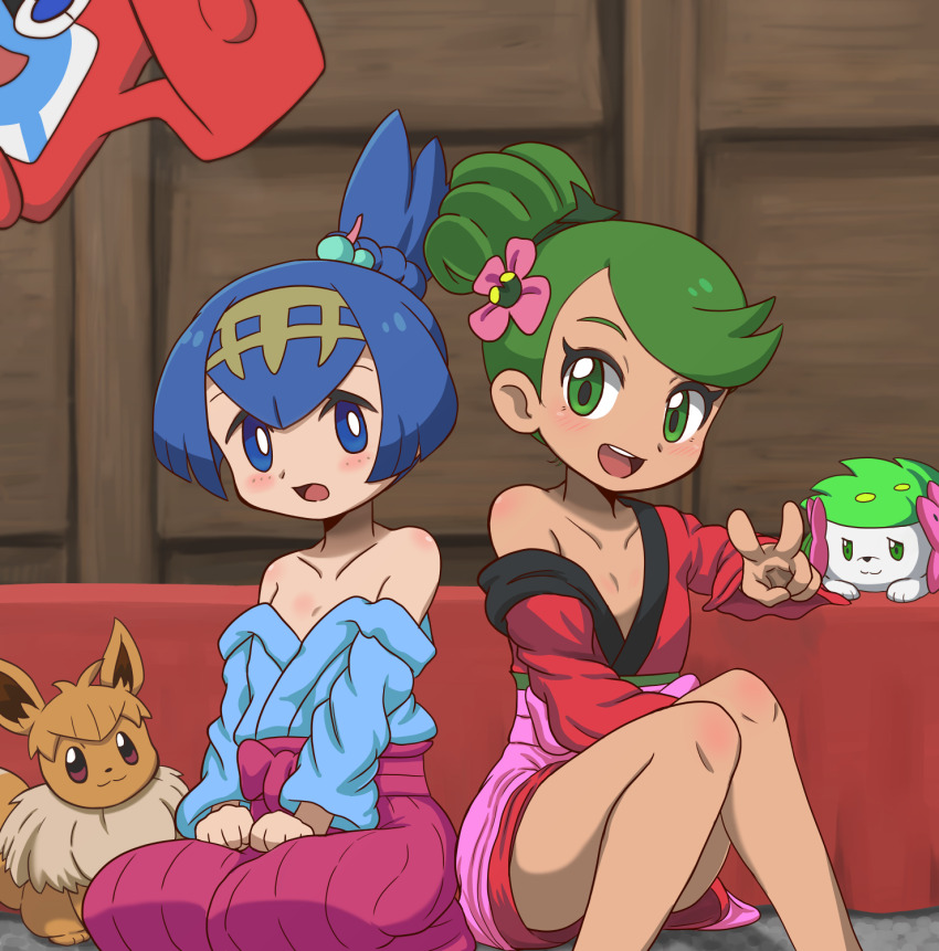 2girls :d blue_eyes blue_hair blue_kimono blush bright_pupils collarbone commentary_request eevee flower gen_1_pokemon gen_4_pokemon green_eyes green_hair hair_flower hair_ornament hairband hakama highres japanese_clothes kimono knees lana_(pokemon) legendary_pokemon mallow_(pokemon) multiple_girls mythical_pokemon nintendo off_shoulder open_mouth pokemon pokemon_(anime) pokemon_(creature) pokemon_sm_(anime) rotom rotom_dex shaymin shaymin_(land) short_hair single_off_shoulder sitting smile takamame teeth tongue upper_teeth_only v white_pupils