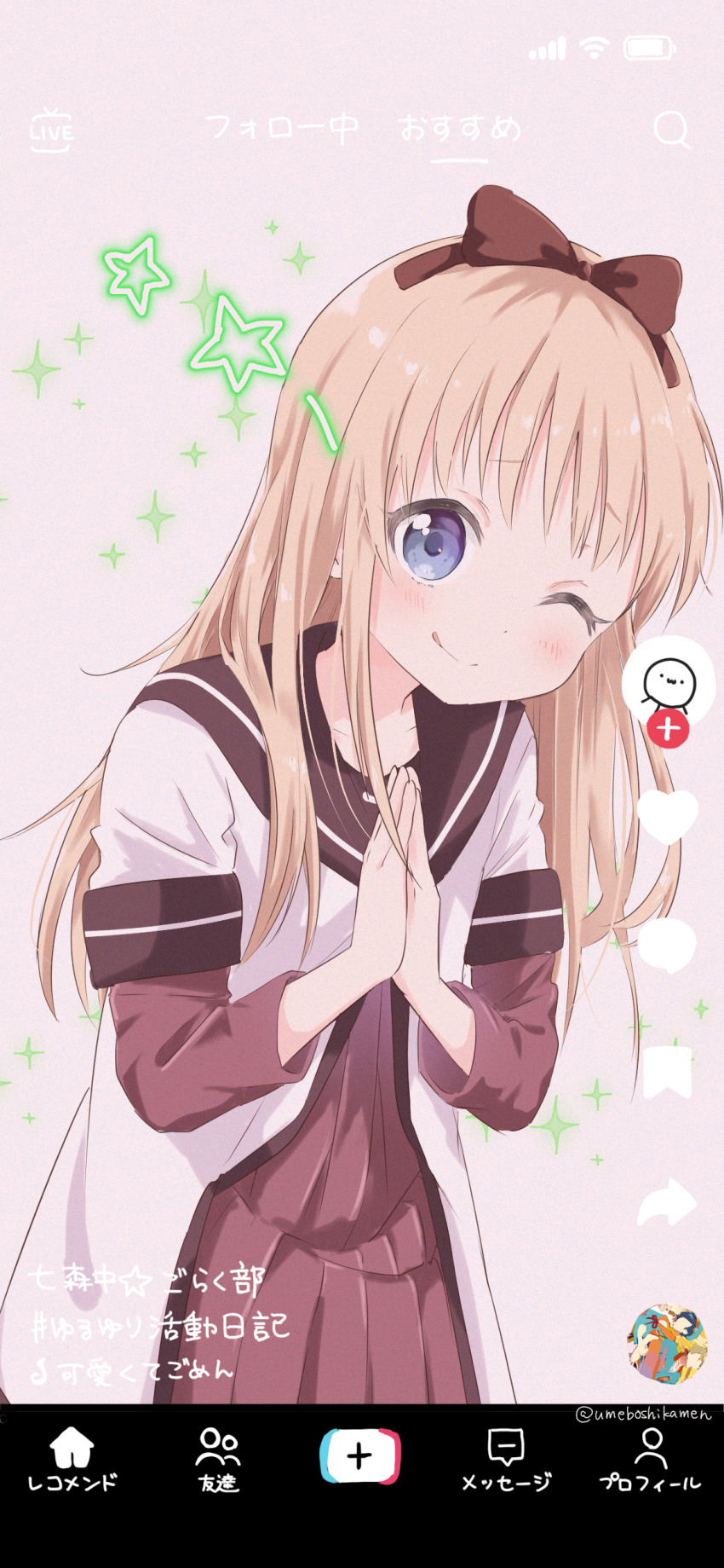 1girl absurdres black_sailor_collar blonde_hair blue_eyes blush bow brown_bow dress fake_phone_screenshot fake_screenshot hair_bow highres kawaikute_gomen_(honeyworks) layered_sleeves long_hair long_sleeves looking_at_viewer mearian namori_(character) nanamori_school_uniform one_eye_closed palms_together pink_background pleated_dress raised_eyebrows red_dress sailor_collar school_uniform shirt short_over_long_sleeves short_sleeves solo sparkle star_(symbol) tehepero tiktok tongue tongue_out toshinou_kyouko upper_body white_shirt yuruyuri