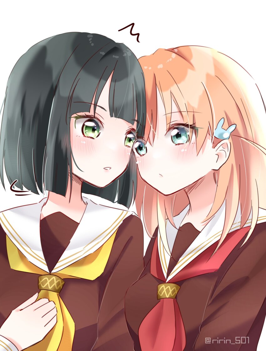 2girls ^^^ absurdres aqua_eyes black_hair blunt_bangs blunt_ends blush bob_cut breasts brown_dress cerise_bouquet closed_mouth commentary_request crossed_bangs dress eye_contact green_eyes hair_ornament hasu_no_sora_school_uniform highres hinoshita_kaho link!_like!_love_live! long_sleeves looking_at_another love_live! medium_breasts medium_hair momose_ginko motion_lines multiple_girls neckerchief orange_hair parted_lips rabbit_hair_ornament red_neckerchief ririn_(ririn_501) sailor_collar sailor_dress school_uniform short_hair simple_background turning_head twitter_username two_side_up upper_body virtual_youtuber white_background white_sailor_collar winter_uniform yellow_neckerchief yuri