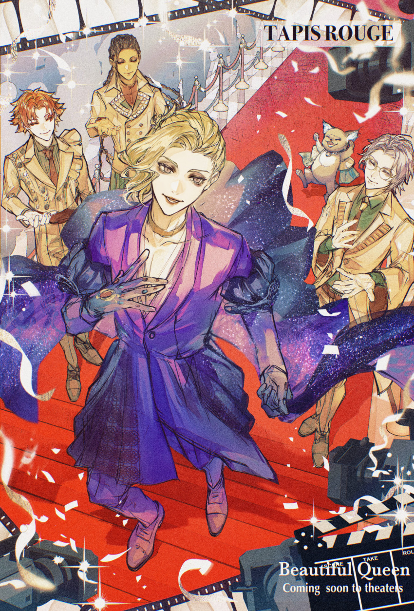 4boys ace_trappola azul_ashengrotto bishounen blonde_hair brown_coat brown_suit camera clapperboard coat confetti creature english_text film_strip formal_clothes grim_(twisted_wonderland) highres ho9_999 jamil_viper looking_at_viewer male_focus multiple_boys people purple_coat red_carpet short_hair suit trench_coat twisted_wonderland vil_schoenheit walking