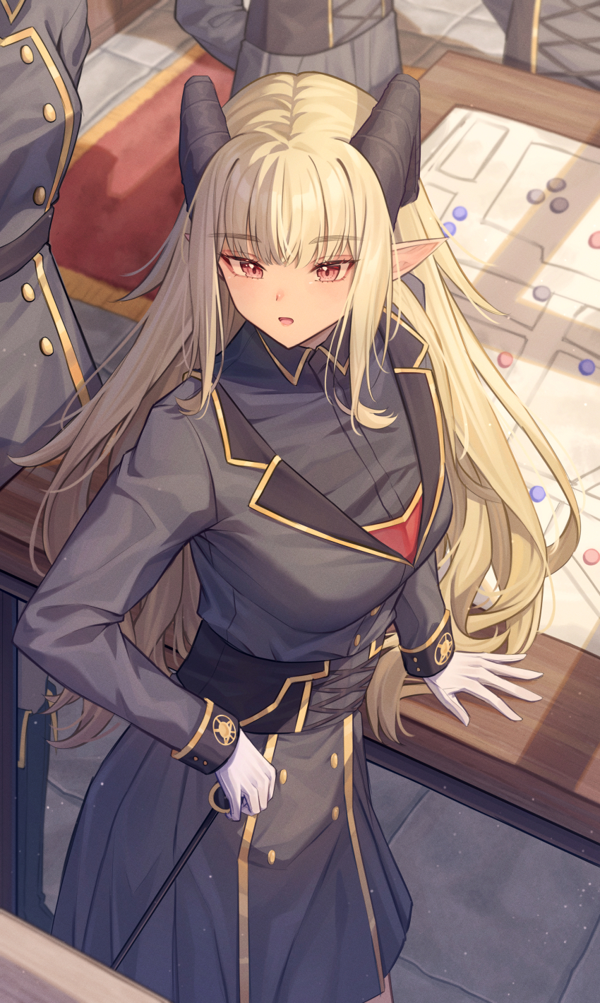 1girl absurdres arm_support black_coat black_shirt black_skirt blonde_hair carpet coat corset elf gloves highres horns isana615 long_hair map meeting military_uniform open_mouth original pointy_ears red_eyes serious shirt skirt stone_floor table very_long_hair white_gloves