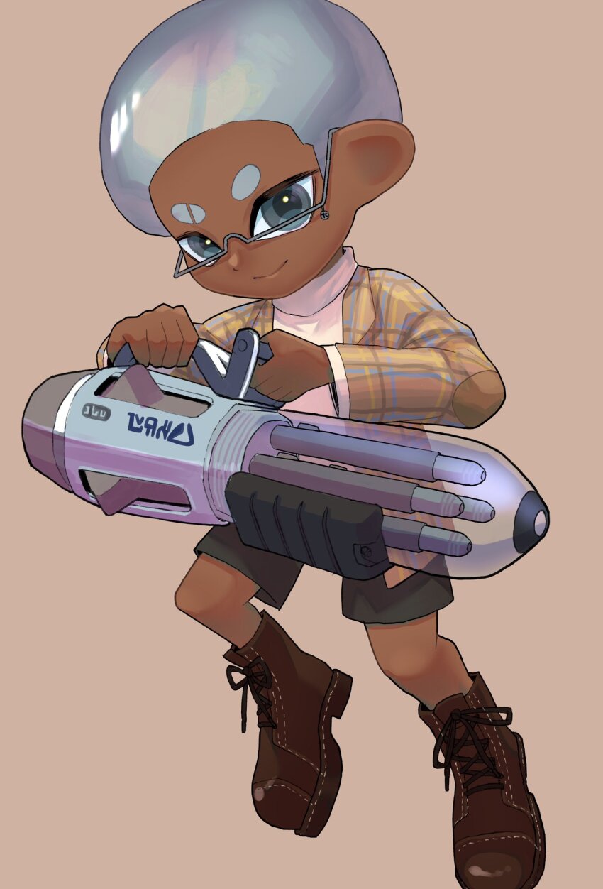1boy afro ballpoint_splatling_(splatoon) boots brown_background brown_boots closed_mouth commentary_request dark-skinned_male dark_skin eyebrow_cut full_body glasses grey_eyes grey_hair grey_shorts gun highres holding holding_gun holding_weapon lace-up_boots looking_at_viewer male_focus nastar_r0 nintendo octoling octoling_boy octoling_player_character plaid_clothes plaid_shirt shirt short_hair shorts simple_background smile solo splatoon_(series) splatoon_3 thick_eyebrows very_dark_skin weapon