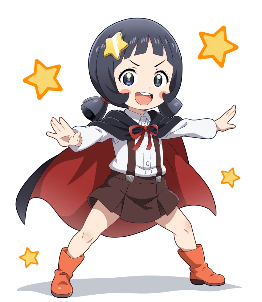 1girl :d absurdres black_cape black_hair blush_stickers boots brown_skirt cape commentary_request cosplay happy highres hitokiwa_kenchin knees komekko komekko_(cosplay) kono_subarashii_sekai_ni_shukufuku_wo! legs_apart long_sleeves looking_at_viewer naganawa_maria nintendo open_mouth orange_boots outstretched_arms pokemon pokemon_sv poppy_(pokemon) shirt skirt smile solo standing star_(symbol) suspenders teeth upper_teeth_only voice_actor_connection white_background white_shirt