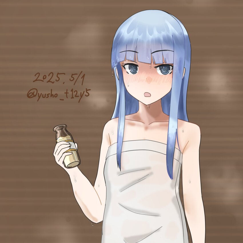 1girl blue_eyes blunt_bangs bottle collarbone commentary_request dated eyebrows_hidden_by_hair hatsukaze_(kancolle) highres holding holding_bottle kantai_collection long_hair milk_bottle naked_towel one-hour_drawing_challenge sauna solo steam towel twitter_username upper_body yuushou