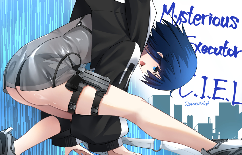1girl ass bikini bikini_under_clothes black_bikini black_jacket blue_background blue_eyes blue_hair c.i.e.l_(fate) c.i.e.l_(first_ascension)_(fate) character_name ciel_(tsukihime) fate/grand_order fate_(series) from_side grey_shoes habit highres jacket looking_at_viewer nun open_mouth see-through_clothes shoes solo swimsuit tsukihime twitter_username two-tone_background vent_vert_(kuuya) white_background