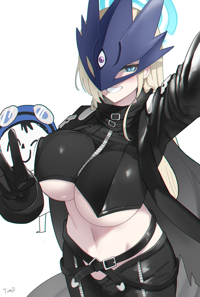 1boy 1girl absurdres asuna_(blue_archive) beelstarmon beelstarmon_(cosplay) black_coat black_pants black_shirt blonde_hair blue_archive blue_eyes blue_halo blue_hat blue_mask breasts coat cosplay crop_top digimon doodle_sensei_(blue_archive) goggles goggles_on_head grin groin hair_over_one_eye halo hat highres large_breasts leather leather_coat leather_pants looking_at_viewer navel open_clothes open_coat pants sensei_(blue_archive) shirt smile third_eye_(costume) tomid underboob v