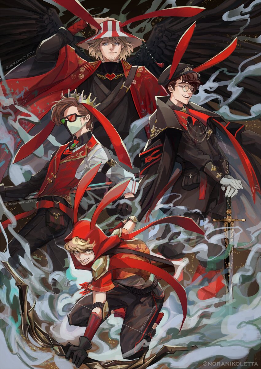 1other 3boys absurdres adapted_costume alternate_costume animal_ears animification armor bird_boy bird_wings black_pants black_wings blonde_hair bow_(weapon) brown_hair bucket_hat coat commentary english_commentary esports fake_animal_ears formal_clothes glasses gloves hardcore_heart hat heart highres holding holding_bow_(weapon) holding_weapon hood hood_up japanese_clothes kimono looking_at_viewer male_focus mask mc_championship minecraft_youtube mouth_mask multiple_boys necktie norarts pants ph1lza rabbit_ears ranboo red_kimono red_rabbits_(mc_championship) red_vest short_hair striped_clothes striped_headwear suit sunglasses sword tassel tommyinnit vest weapon white_gloves wilbur_soot wings