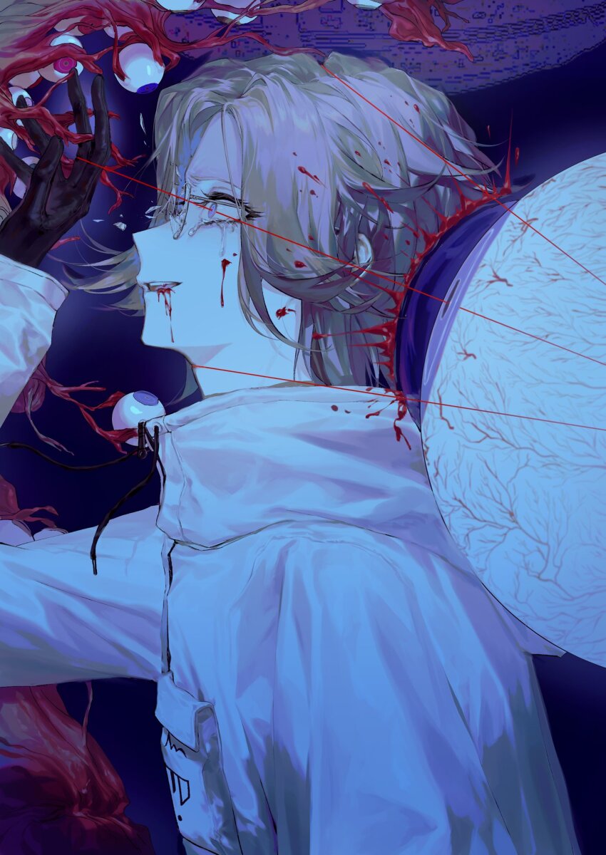 1boy aotsuki_eito arm_up black_gloves blood blood_from_mouth blood_in_hair blood_in_mouth blood_on_clothes blood_on_face blood_on_neck bloody_tears body_horror breast_pocket broken_eyewear broken_glass crying crying_with_eyes_open eldritch_abomination eyeball glass glasses gloves grey_hair highres jacket male_focus mint1618680 outstretched_hand pocket purple_eyes short_hair solo_focus string string_of_fate tears teeth the_hundred_line_-last_defense_academy- upper_teeth_only