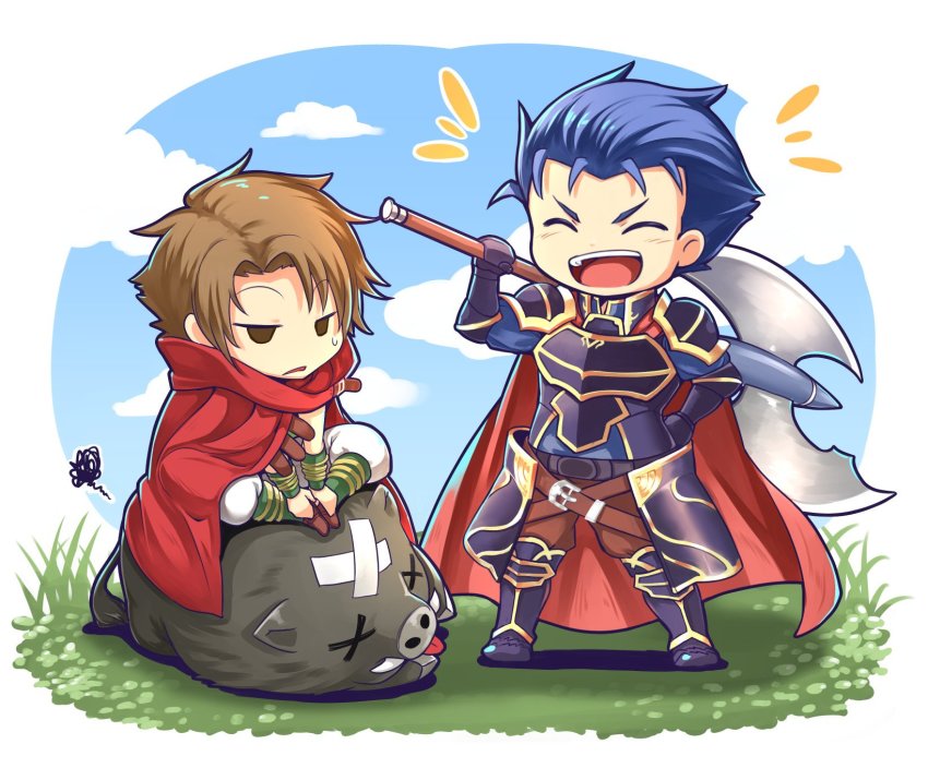 2boys armor axe blue_eyes blue_hair brown_eyes brown_hair cape cloak closed_eyes elbow_gloves fire_emblem fire_emblem:_the_blazing_blade gloves hector_(fire_emblem) highres male_focus matthew_(fire_emblem) multiple_boys nakabayashi_zun nintendo open_mouth short_hair smile weapon