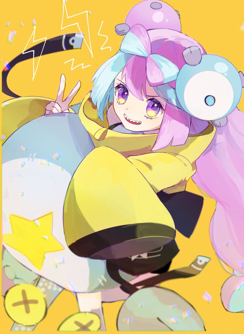 1girl absurdres bare_shoulders blue_hair bow-shaped_hair character_hair_ornament cyauken_(ouahloup) fake_hair_bun grey_pantyhose hair_ornament highres iono_(pokemon) jacket long_hair looking_at_viewer low-tied_long_hair multicolored_hair nintendo open_mouth oversized_clothes pantyhose pink_hair pokemon pokemon_sv purple_eyes sharp_teeth simple_background single_leg_pantyhose sleeves_past_fingers sleeves_past_wrists solo split-color_hair standing teeth two-tone_hair very_long_sleeves x yellow_background yellow_jacket