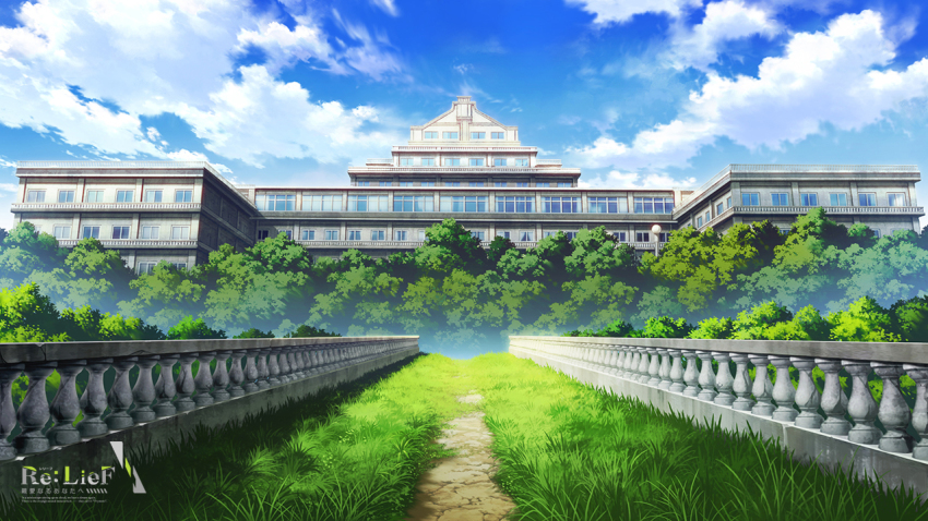 blue_sky castle cloud cloudy_sky copyright_name day grass mikago_kotaro no_humans outdoors palace path re:lief_~shin&#039;ai_naru_anata_e~ road scenery sky wall watermark