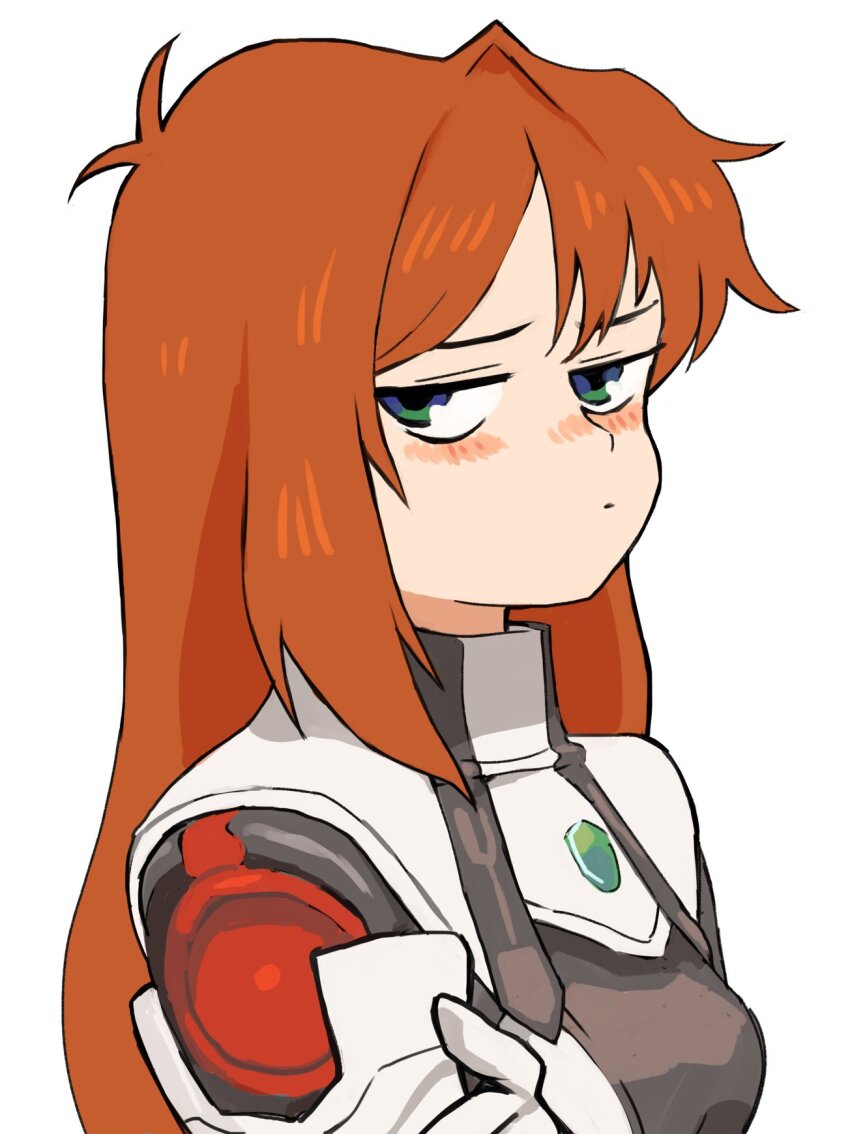 1girl antenna_hair aqua_eyes blush breasts closed_mouth elhaym_van_houten gan2 half-closed_eyes highres long_hair medium_breasts nose_blush red_hair simple_background solo upper_body white_background xenogears