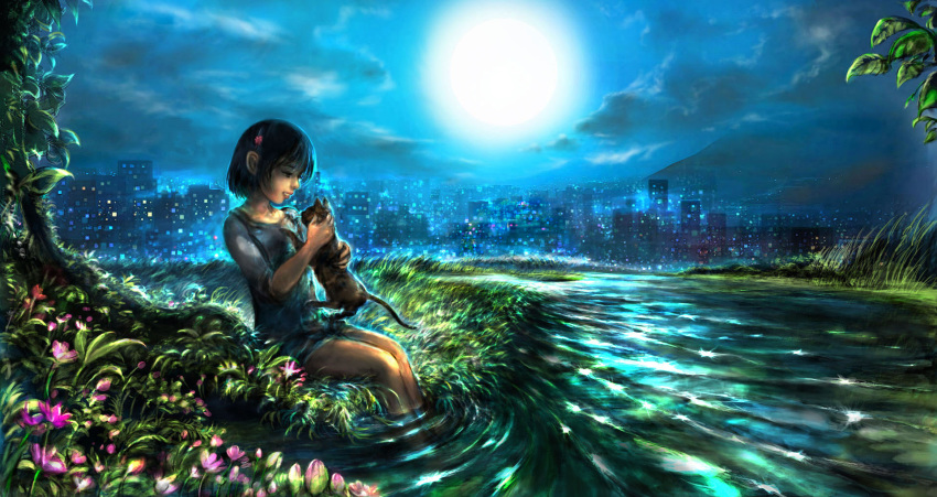 00 1girl animal black_hair cat city city_lights cityscape cloud dark dress female_focus flower full_moon grass hair_ornament hairclip headpat highres holding holding_animal moon mountain night original partially_submerged profile ripples scenery short_hair sitting sky smile soaking_feet solo tree water white_dress
