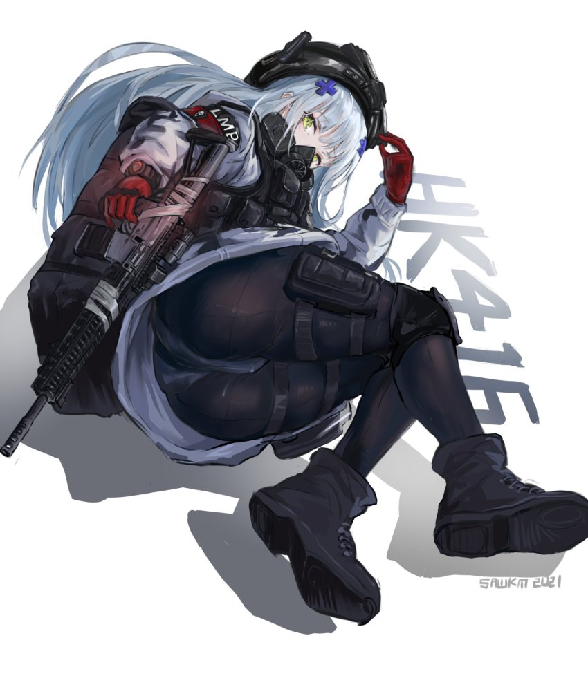 1girl ass assault_rifle backpack bag boots camouflage fang_hk416_(girls_frontline) gas_mask girls&#039;_frontline gloves green_eyes gun h&amp;k_hk416 hair_ornament helmet highres hk416_(fang)_(girls&#039;_frontline) hk416_(girls&#039;_frontline) last_man_battalion long_hair long_sleeves looking_at_viewer lying mask military official_alternate_costume on_side panties panties_under_pantyhose pantyhose pouch red_gloves respirator rifle rogue_division_agent sawkm silver_hair snow_camouflage thigh_pouch tom_clancy&#039;s_the_division underwear weapon white_background winter_uniform