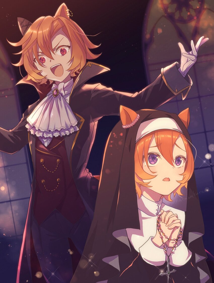 1girl animal_ears ascot beads black_coat black_dress black_jacket black_veil blush breasts coat coif commentary_request cross dress ear_covers ears_through_headwear gloves hair_between_eyes halloween halloween_costume highres horse_ears horse_girl horse_tail jacket latin_cross nnmkmwakaranai nun open_mouth orange_hair orange_tail own_hands_clasped own_hands_together pants popped_collar prayer_beads praying purple_eyes red_eyes red_vest shirt short_hair single_ear_cover smile t.m._opera_o_(umamusume) tail teeth traditional_nun umamusume upper_teeth_only veil vest white_ascot white_shirt