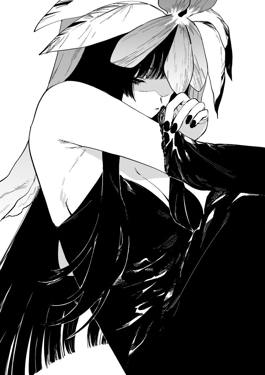 1girl absurdres asuzemu blunt_bangs breasts cleavage dress elbow_gloves flower flower_on_head gloves greyscale highres long_hair monochrome solo touhou upper_body yomotsu_hisami