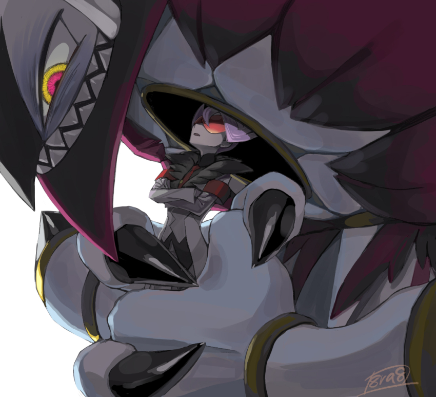 1boy claws colored_skin crossed_arms gen_6_pokemon grey_hair grey_skin haraya hoopa hoopa_(unbound) lear_(pokemon) legendary_pokemon looking_at_another male_focus multicolored_eyes mythical_pokemon nintendo parted_lips pokemon pokemon_(creature) pokemon_masters_ex red-tinted_eyewear sharp_teeth signature simple_background teeth tinted_eyewear white_background
