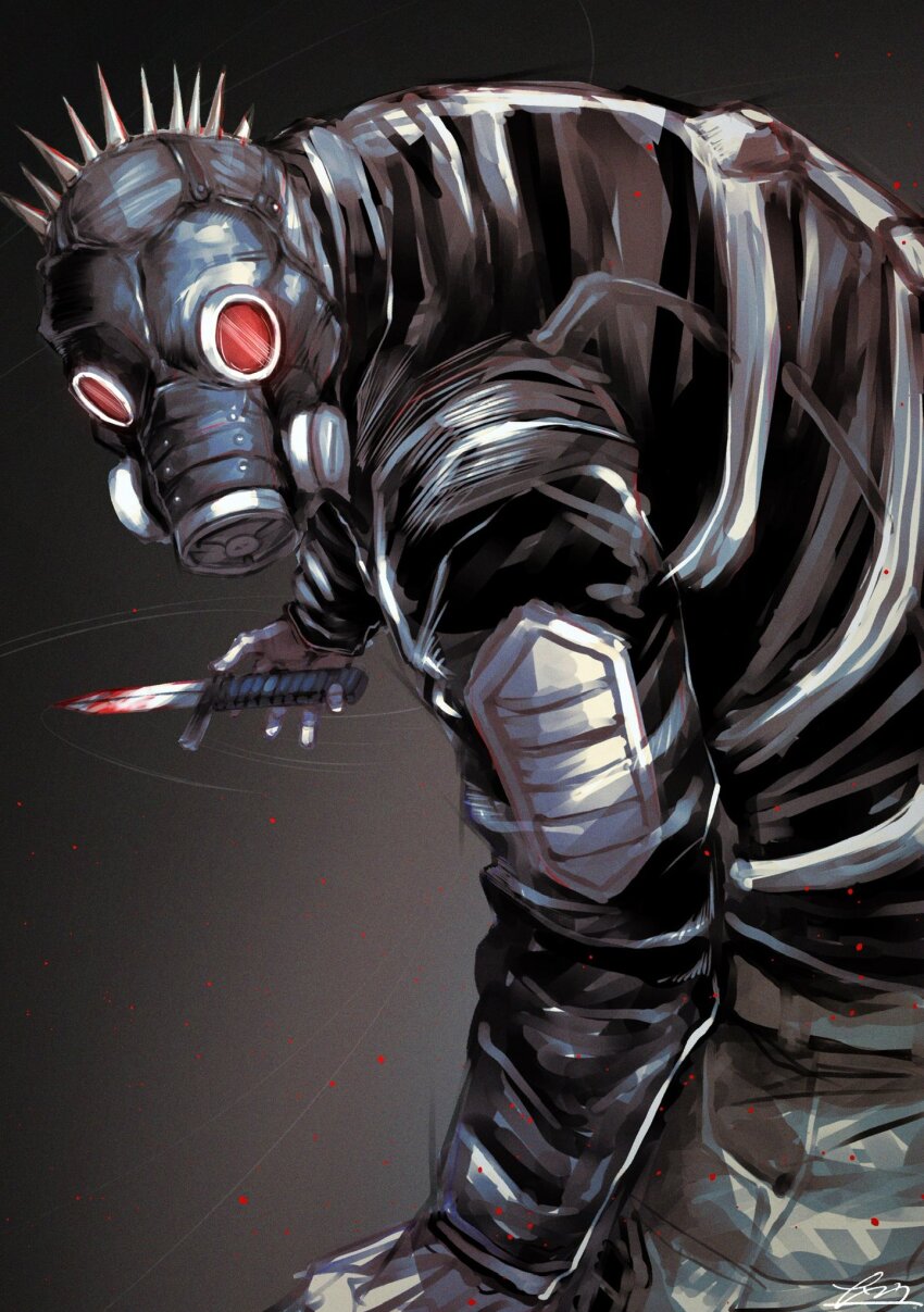 1boy black_jacket blood bloody_knife caiman_(dorohedoro) dorohedoro gas_mask gloves highres holding holding_knife jacket knife mask nankou_(koutanan) pants solo spikes